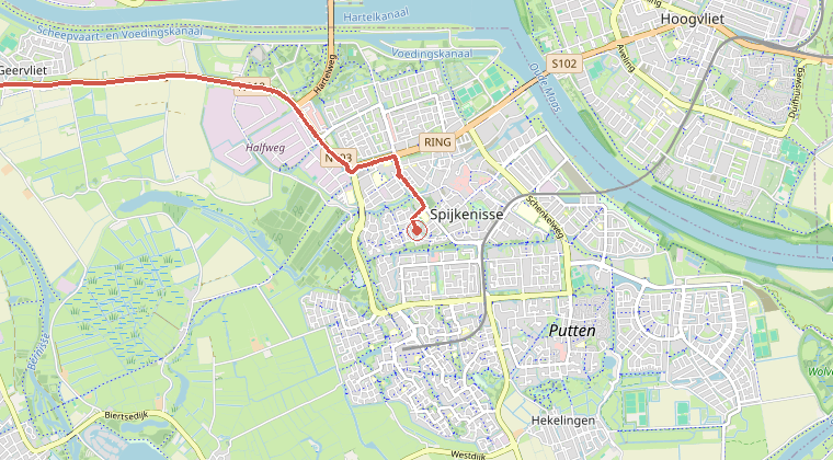 Kaart van de omgeving van de melding, met de kazerne die is gealarmeerd