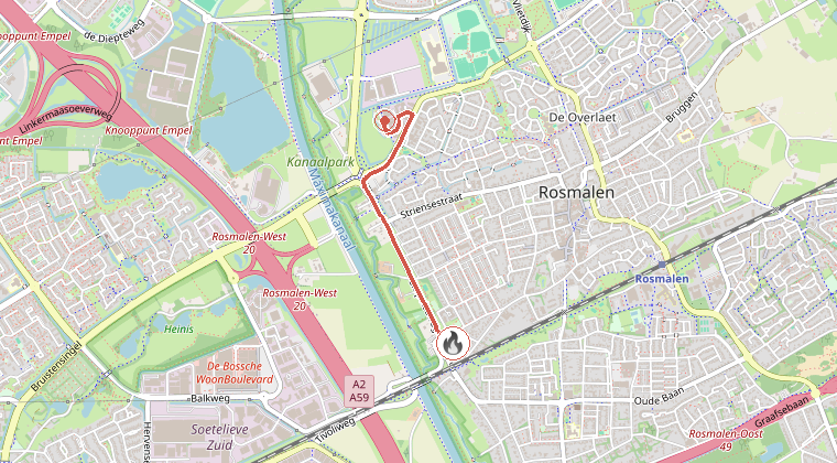 Kaart van de omgeving van de melding, met de kazerne die is gealarmeerd