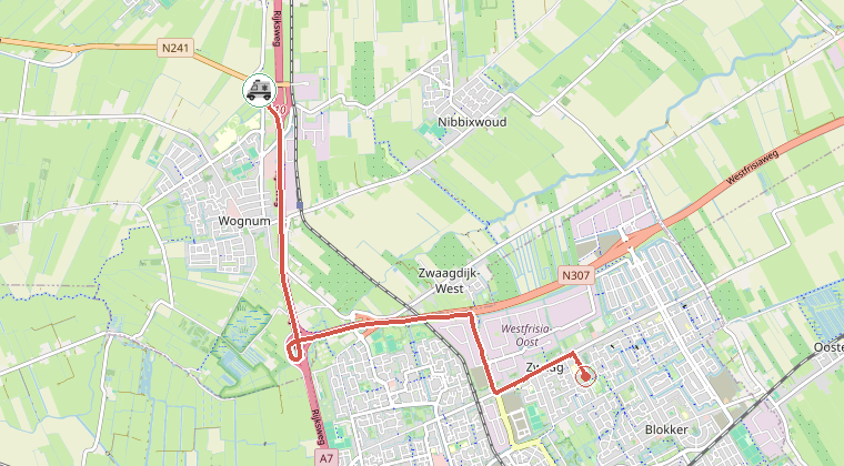 Kaart van de omgeving van de melding, met de kazerne die is gealarmeerd