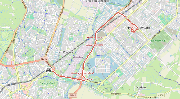 Kaart van de omgeving van de melding, met de kazerne die is gealarmeerd