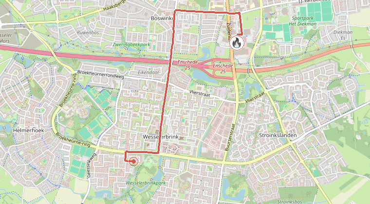 Kaart van de omgeving van de melding, met de kazerne die is gealarmeerd