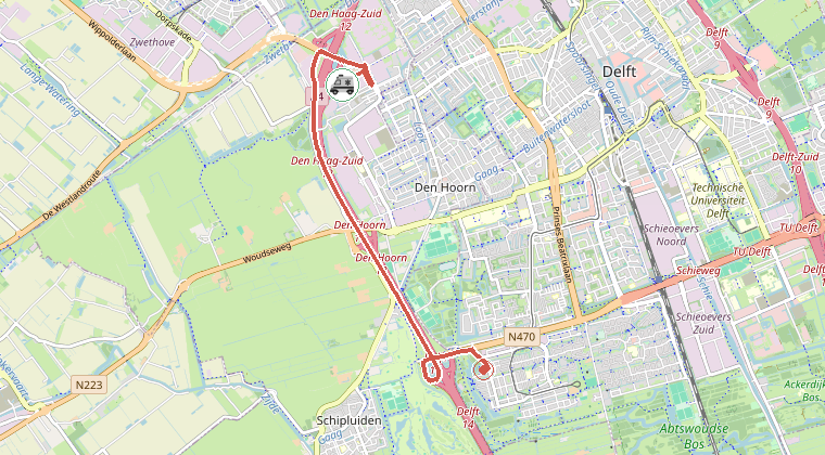 Kaart van de omgeving van de melding, met de kazerne die is gealarmeerd