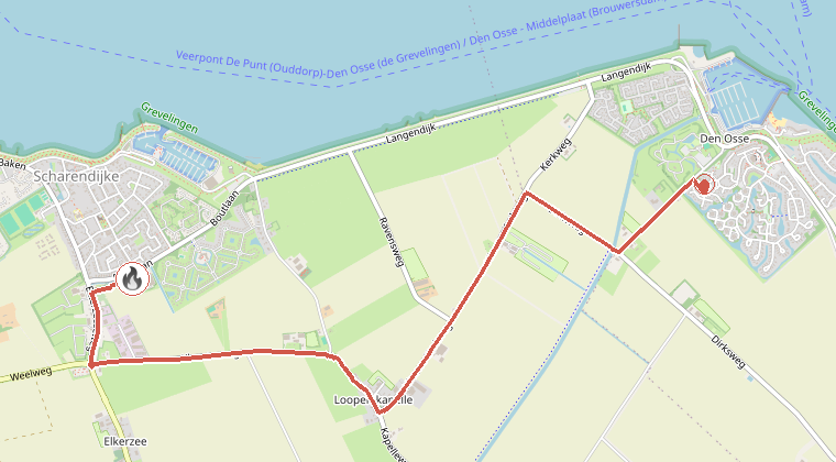 Kaart van de omgeving van de melding, met de kazerne die is gealarmeerd