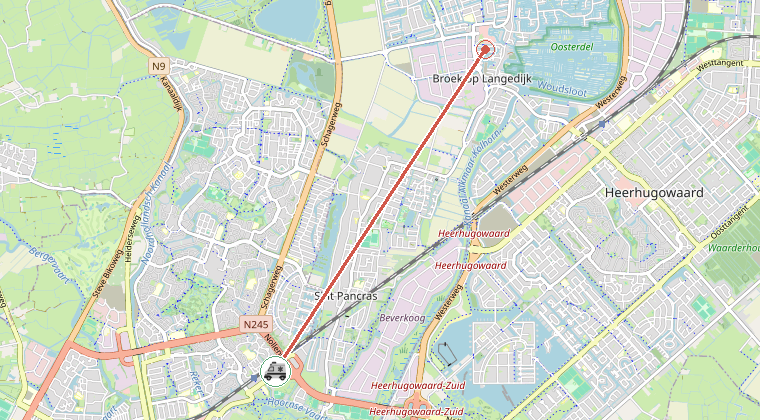 Kaart van de omgeving van de melding, met de kazerne die is gealarmeerd
