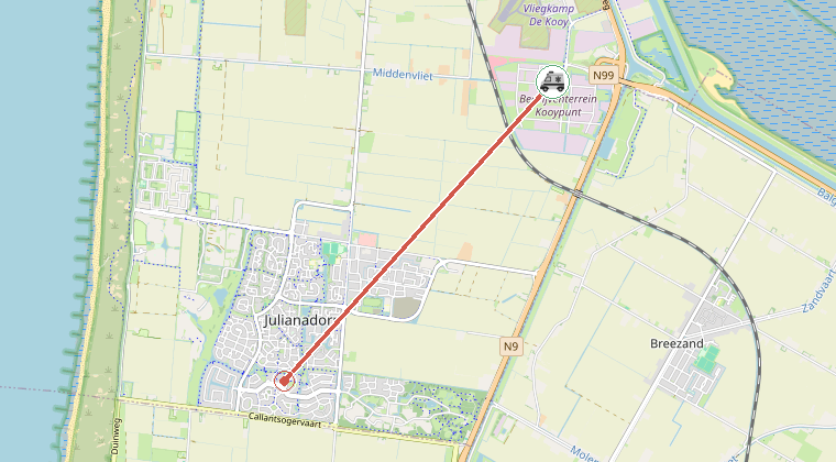 Kaart van de omgeving van de melding, met de kazerne die is gealarmeerd