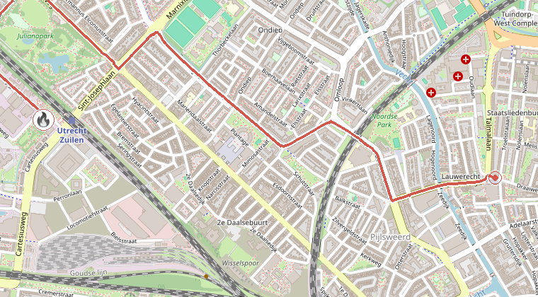 Kaart van de omgeving van de melding, met de kazerne die is gealarmeerd