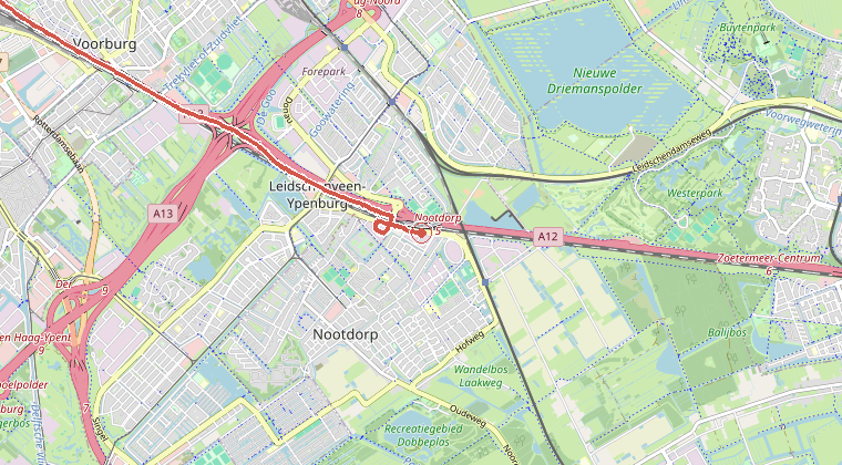 Kaart van de omgeving van de melding, met de kazerne die is gealarmeerd