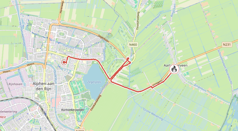 Kaart van de omgeving van de melding, met de kazerne die is gealarmeerd