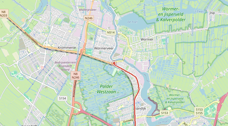 Kaart van de omgeving van de melding, met de kazerne die is gealarmeerd