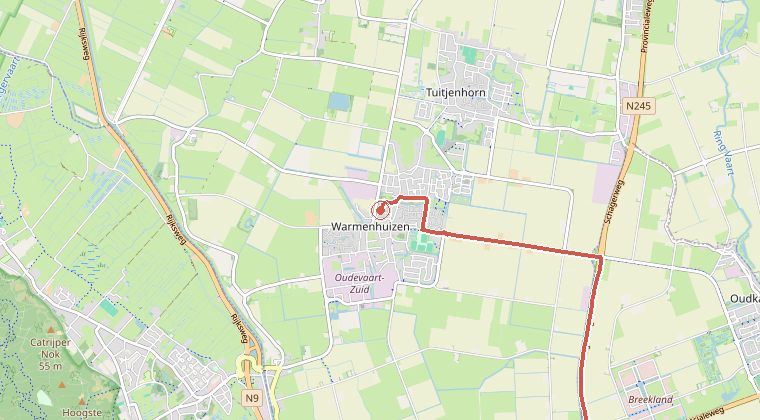 Kaart van de omgeving van de melding, met de kazerne die is gealarmeerd