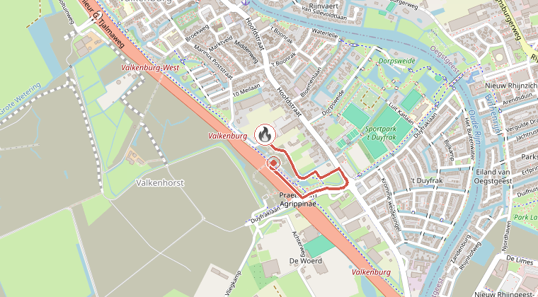 Kaart van de omgeving van de melding, met de kazerne die is gealarmeerd