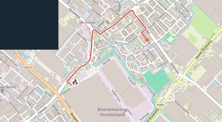 Kaart van de omgeving van de melding, met de kazerne die is gealarmeerd