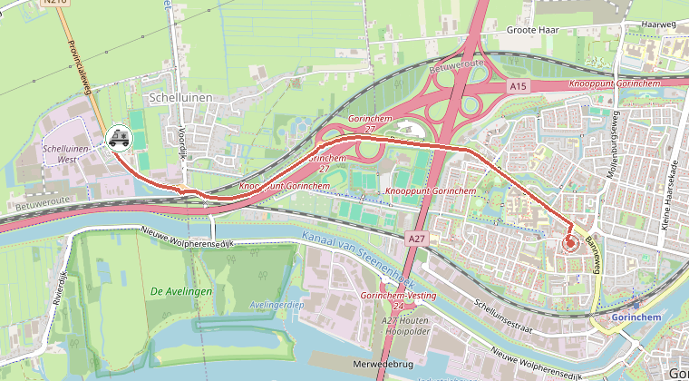 Kaart van de omgeving van de melding, met de kazerne die is gealarmeerd