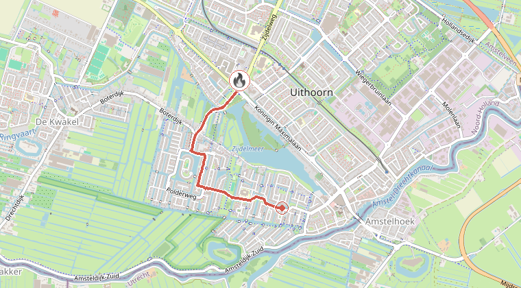 Kaart van de omgeving van de melding, met de kazerne die is gealarmeerd