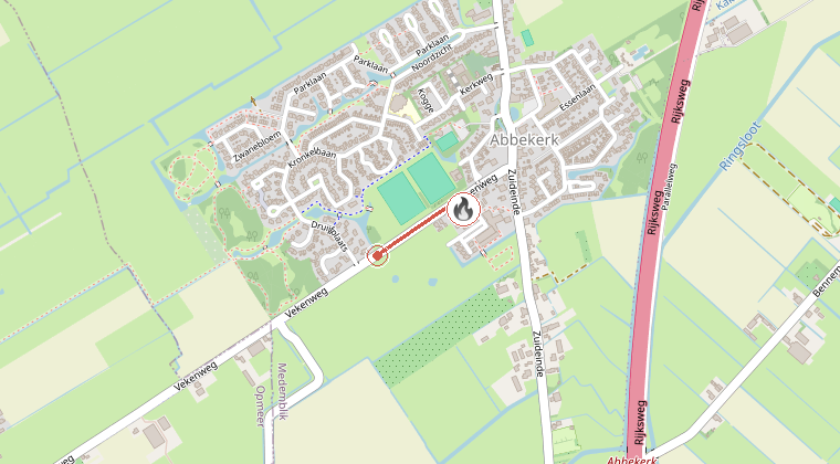 Kaart van de omgeving van de melding, met de kazerne die is gealarmeerd