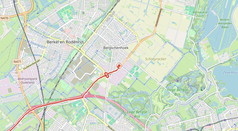 Kaart van de omgeving van de melding, met de kazerne die is gealarmeerd