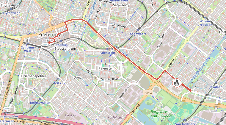 Kaart van de omgeving van de melding, met de kazerne die is gealarmeerd