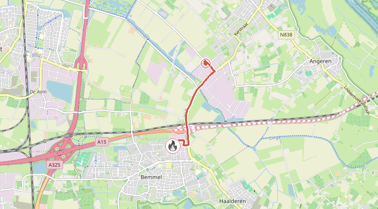 Kaart van de omgeving van de melding, met de kazerne die is gealarmeerd