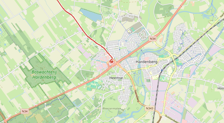 Kaart van de omgeving van de melding, met de kazerne die is gealarmeerd