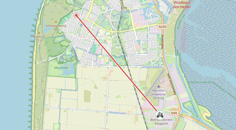 Kaart van de omgeving van de melding, met de kazerne die is gealarmeerd