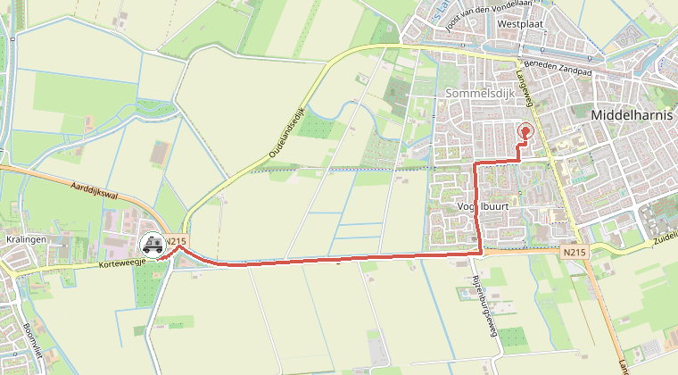 Kaart van de omgeving van de melding, met de kazerne die is gealarmeerd