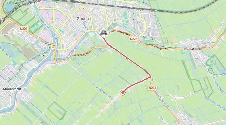 Kaart van de omgeving van de melding, met de kazerne die is gealarmeerd