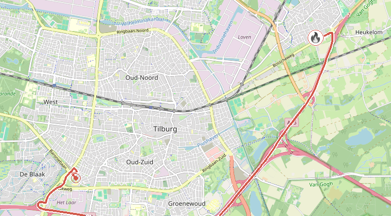 Kaart van de omgeving van de melding, met de kazerne die is gealarmeerd