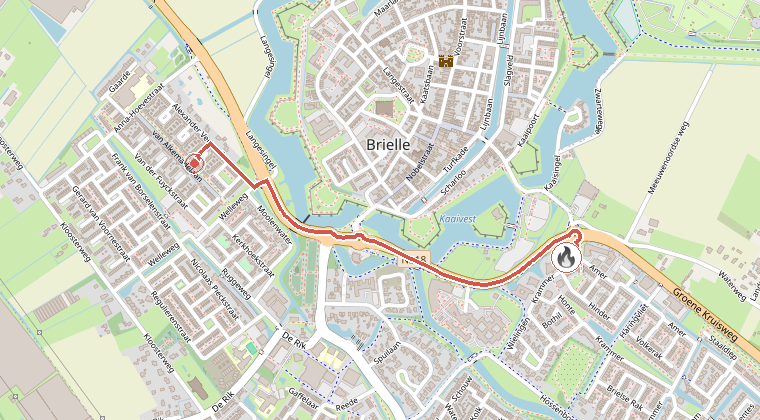 Kaart van de omgeving van de melding, met de kazerne die is gealarmeerd