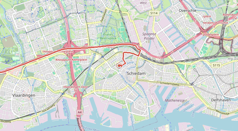 Kaart van de omgeving van de melding, met de kazerne die is gealarmeerd