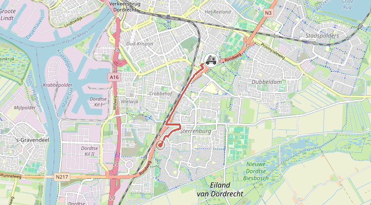 Kaart van de omgeving van de melding, met de kazerne die is gealarmeerd