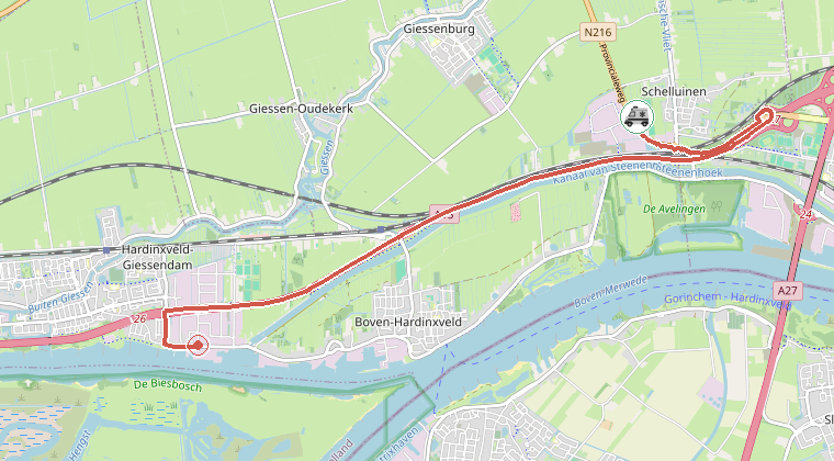 Kaart van de omgeving van de melding, met de kazerne die is gealarmeerd