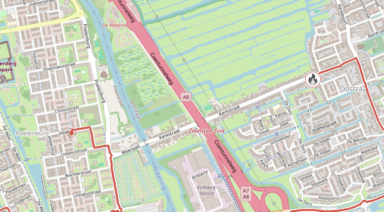 Kaart van de omgeving van de melding, met de kazerne die is gealarmeerd