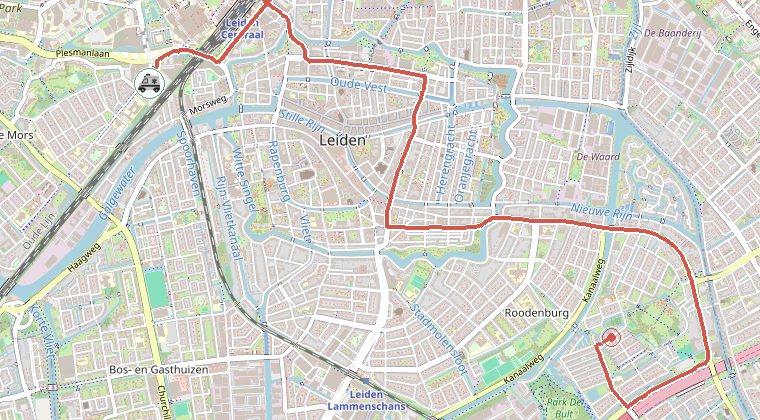 Kaart van de omgeving van de melding, met de kazerne die is gealarmeerd