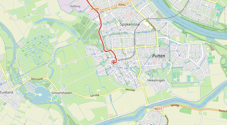Kaart van de omgeving van de melding, met de kazerne die is gealarmeerd