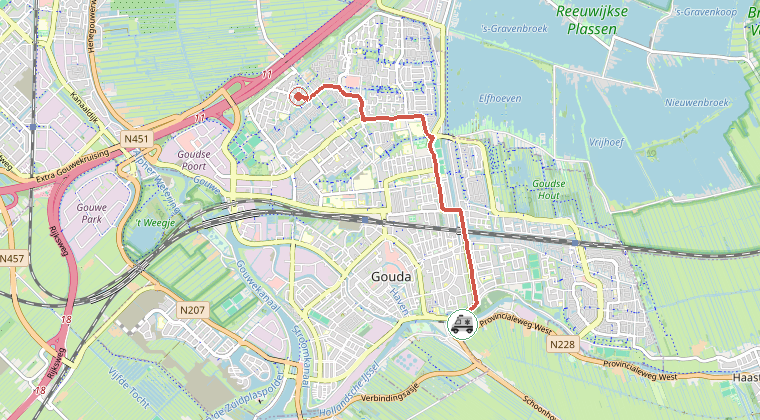 Kaart van de omgeving van de melding, met de kazerne die is gealarmeerd