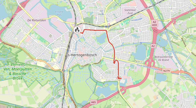 Kaart van de omgeving van de melding, met de kazerne die is gealarmeerd