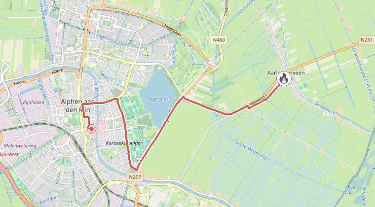 Kaart van de omgeving van de melding, met de kazerne die is gealarmeerd
