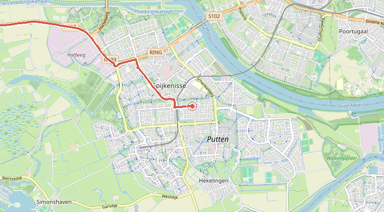 Kaart van de omgeving van de melding, met de kazerne die is gealarmeerd