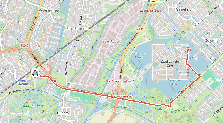 Kaart van de omgeving van de melding, met de kazerne die is gealarmeerd