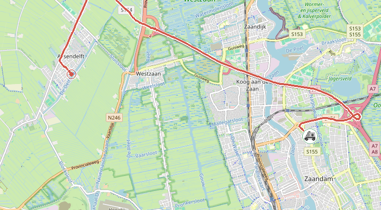 Kaart van de omgeving van de melding, met de kazerne die is gealarmeerd