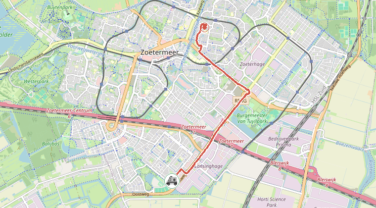Kaart van de omgeving van de melding, met de kazerne die is gealarmeerd