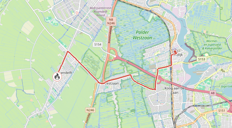 Kaart van de omgeving van de melding, met de kazerne die is gealarmeerd