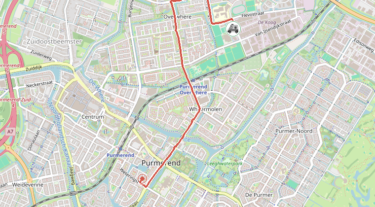 Kaart van de omgeving van de melding, met de kazerne die is gealarmeerd