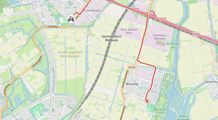 Kaart van de omgeving van de melding, met de kazerne die is gealarmeerd