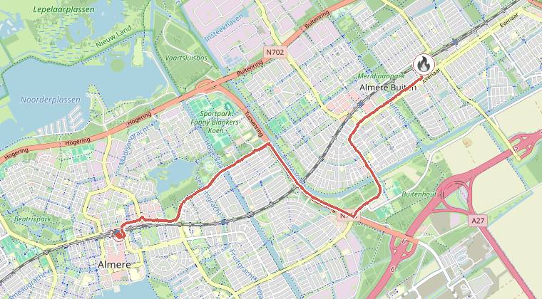 Kaart van de omgeving van de melding, met de kazerne die is gealarmeerd
