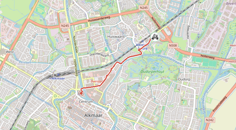 Kaart van de omgeving van de melding, met de kazerne die is gealarmeerd