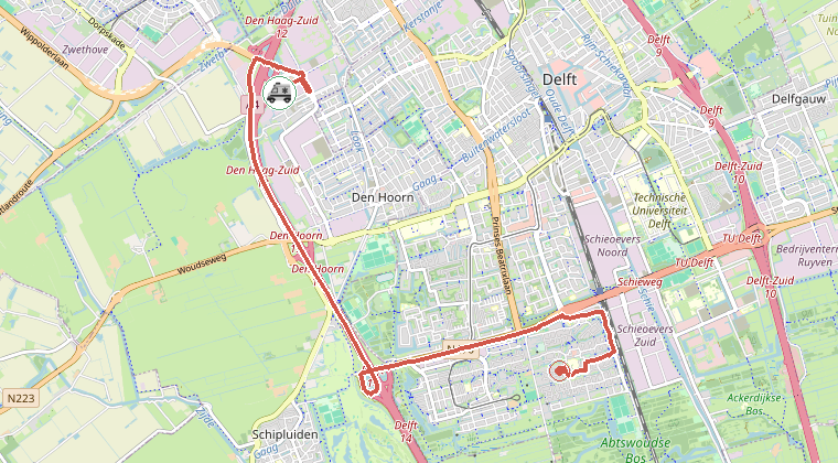 Kaart van de omgeving van de melding, met de kazerne die is gealarmeerd