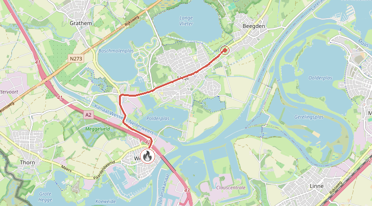 Kaart van de omgeving van de melding, met de kazerne die is gealarmeerd
