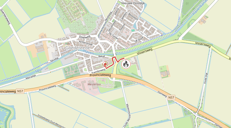Kaart van de omgeving van de melding, met de kazerne die is gealarmeerd