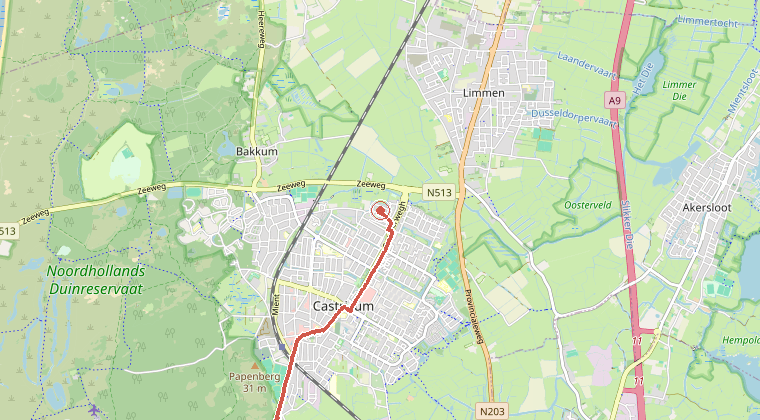 Kaart van de omgeving van de melding, met de kazerne die is gealarmeerd